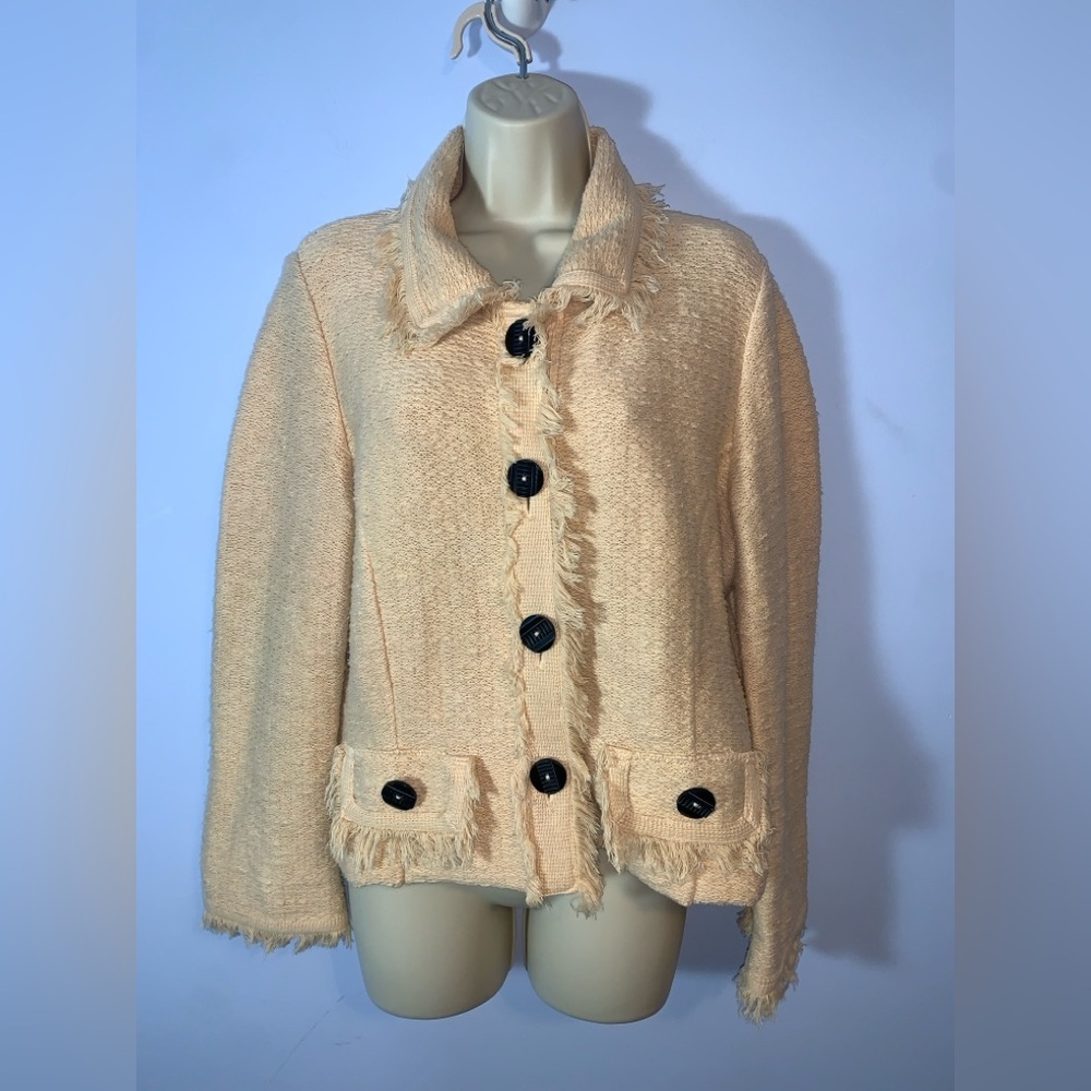 Willow Women's Cream cardigan Jacket 100% cotton fringe trim medium USA